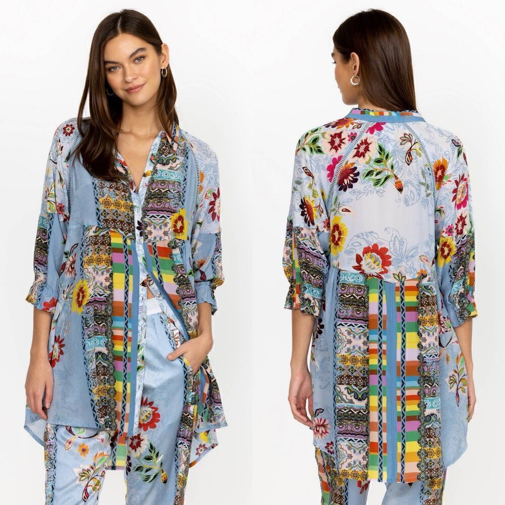 Johnny Was Rainbow Adonia Tunic/Mini Dress Long Sleeve Silk Blue Size Medium